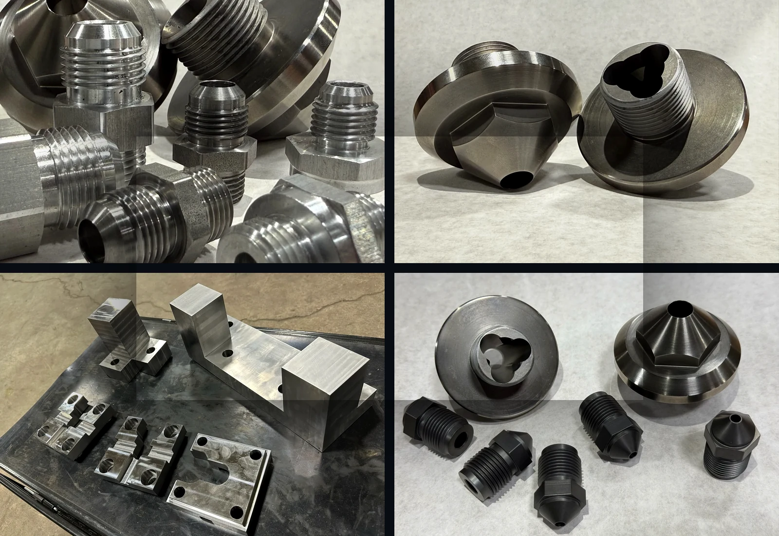 Machined threaded components and precision CNC parts photographed for the Superior Steel Stamp gallery.
