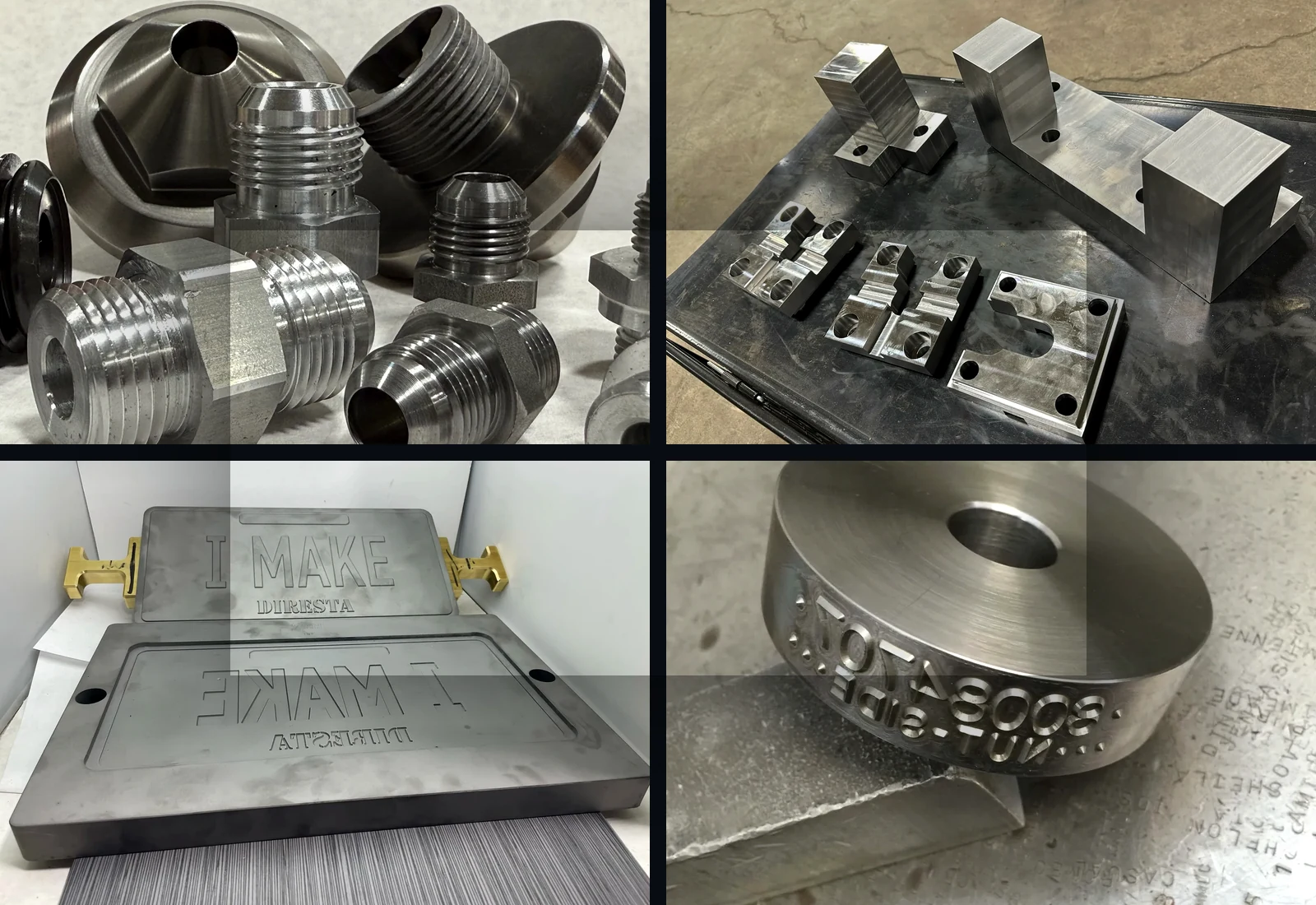 Collage of CNC machined components, tooling fixtures, embossing dies, and marking tooling from Superior Steel Stamp.