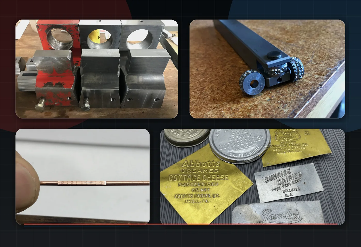 Collage of Superior Steel Stamp machining, marking, and industrial tooling photos for customers nationwide.