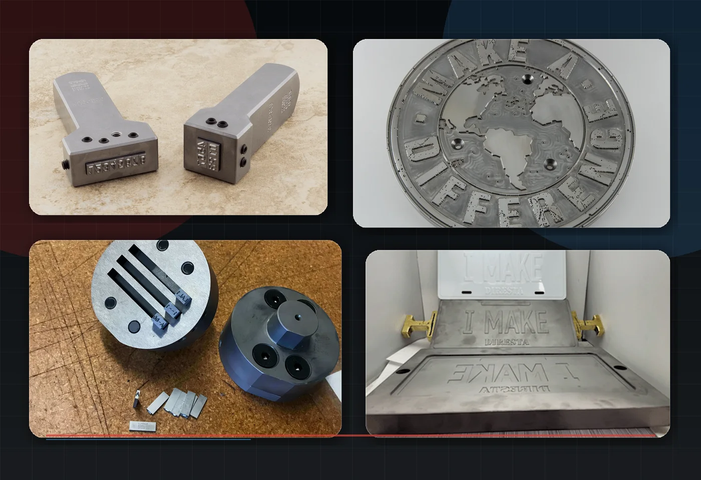 Collage of marking dies, steel stamps, embossing dies, engraving, and industrial marking tooling.